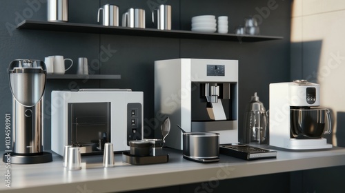 Modern kitchen appliances arranged on a countertop for food preparation and beverage making.