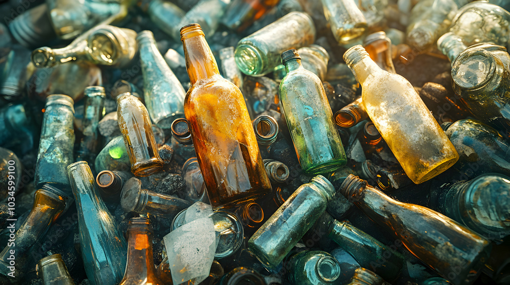 Discarded Glass Bottles and Jars Piled Together, Showcasing Broken and Shattered Fragments in a Chaotic Arrangement