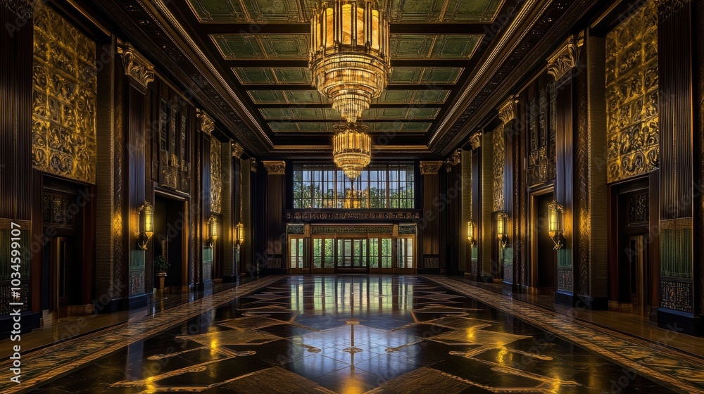 Obraz premium Grand Hall Interior with Ornate Details and Chandelier