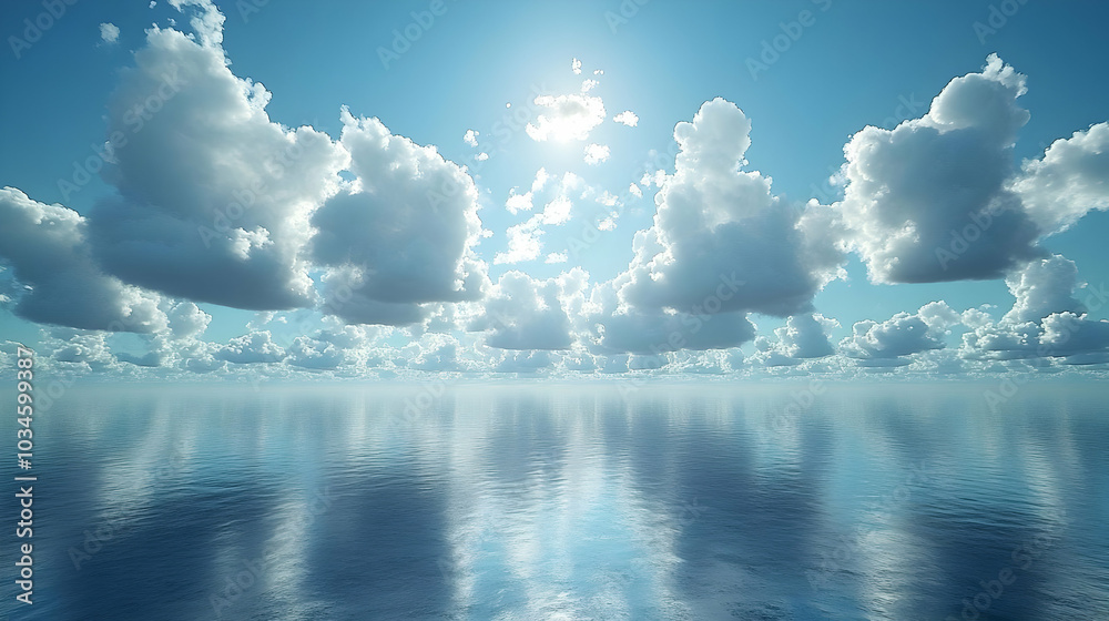 Beautiful Blue Sky with White Clouds and a Calm Ocean - 3D Illustration Beautiful Blue Sky with White Clouds and a Calm Ocean - 3D Illustration