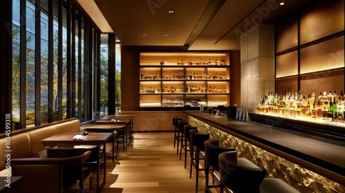 Modern Bar Interior Design with Stone Wall and City View