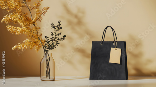 Minimalist display of glass vase and black bag with tag set against neutral background. Black Friday offers, seasonal shopping or sales promotions photo