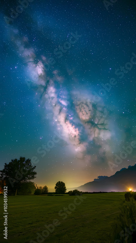 Majestic Milky Way stretches across the night sky above lush fields, surrounded by mountains and soft glowing lights.