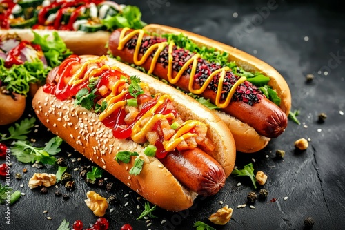 Hot dog in advertising style. Fast food concept. Selective focus background with copy space for text photo