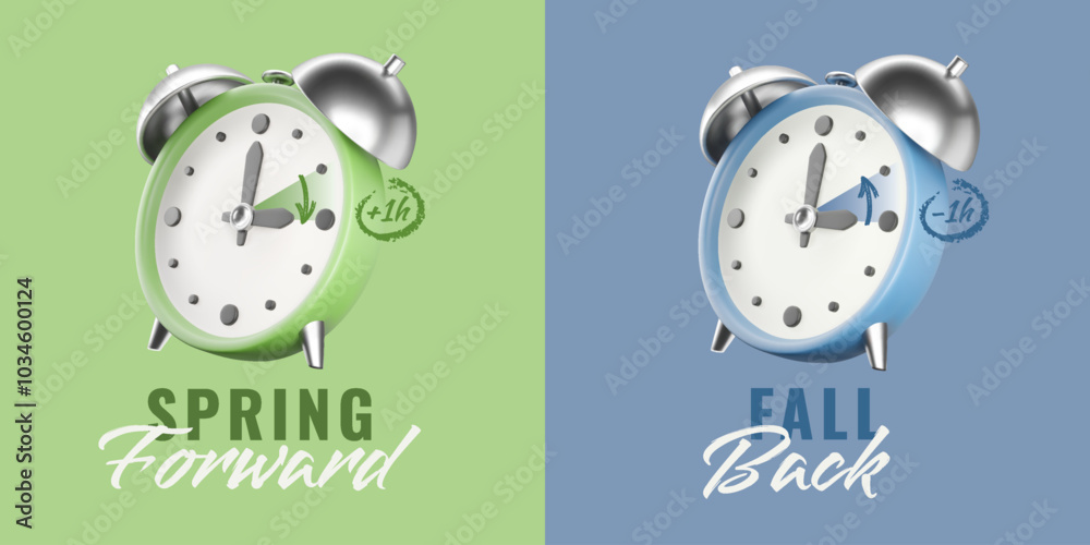 Daylight Saving Time concept with 3D alarm clock. Vector set with text spring forward and fall back, green and blue colors
