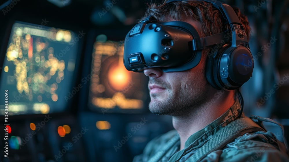 A service member engages with a sophisticated virtual reality headset while simulating operations in a modern control room. The environment showcases a blend of technology and training. A service member engages with a sophisticated virtual reality headset while simulating operations in a modern control room. The environment showcases a blend of technology and training.