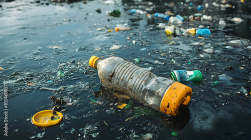 Crumpled Plastic Bottles and Containers Floating in Polluted Water, Highlighting Environmental Concerns and Plastic Waste