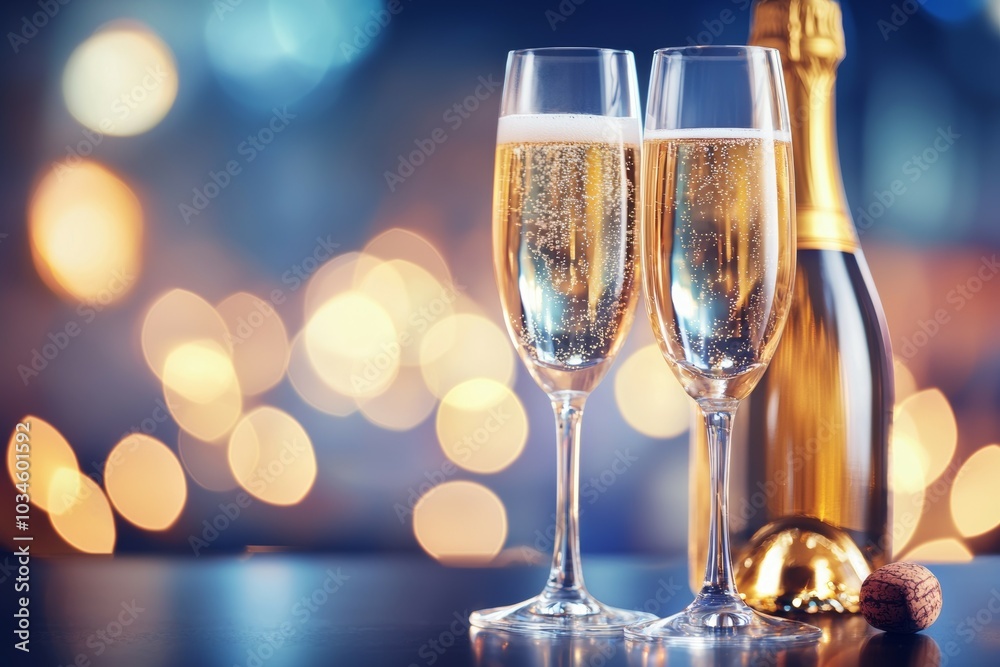 A bottle of champagne and two glasses of champagne are on a table A bottle of champagne and two glasses of champagne are on a table