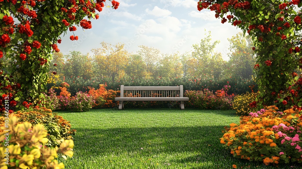 Obraz premium 175. A serene outdoor garden with flowers and a blank area for a product