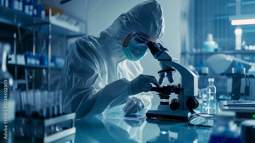 A scientist in a cleanroom suit carefully examines a microchip wafer with precision microscope and advanced equipment in a modern laboratory showcasing cutting-edge technology and innovation A scientist in a cleanroom suit carefully examines a microchip wafer with precision microscope and advanced equipment in a modern laboratory showcasing cutting-edge technology and innovation