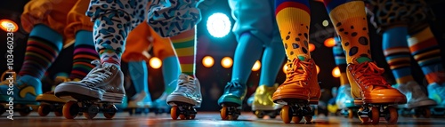 70s roller disco, vibrant outfits with knee-high socks, people skating under a spinning disco ball, funky patterns and colors everywhere