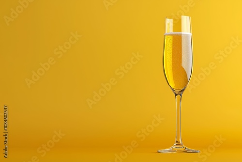 A glass of champagne is sitting on a yellow background