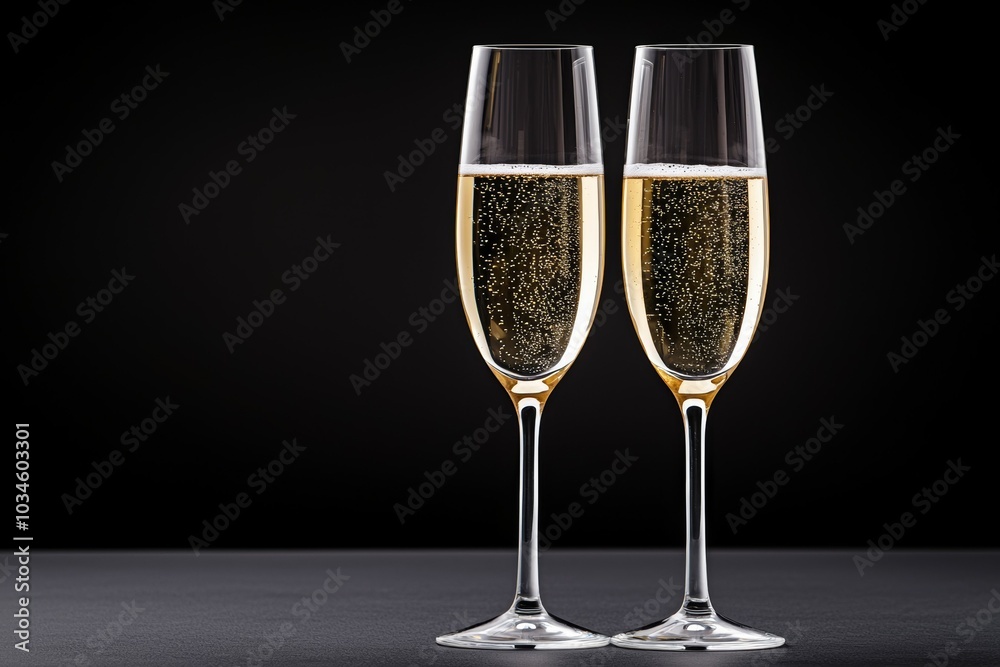 Two champagne glasses filled with sparkling wine on a dark table Two champagne glasses filled with sparkling wine on a dark table