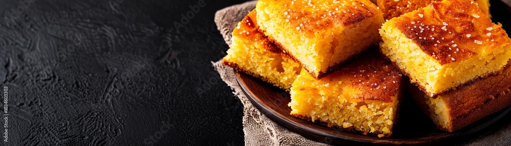 Cornbread wedges served on a rustic wooden plate, 3D illustration Cornbread wedges served on a rustic wooden plate, 3D illustration