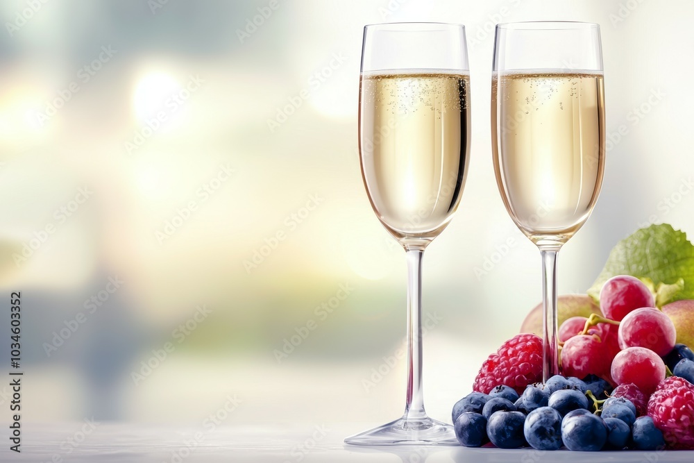 Two wine glasses filled with white wine are on a table with a bunch of fruit