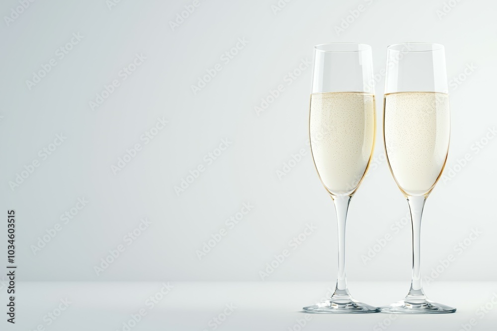 Two champagne glasses are on a table, one of which is almost empty