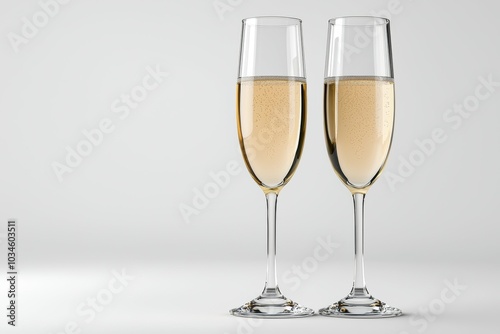 Two champagne glasses are filled with champagne