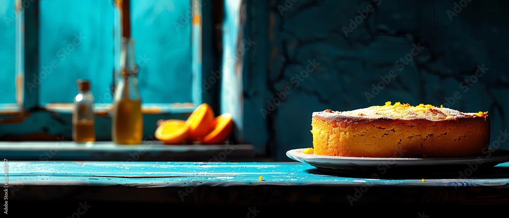 Fototapeta premium Homemade cornbread, cooling by a kitchen window, nostalgic atmosphere, watercolor style