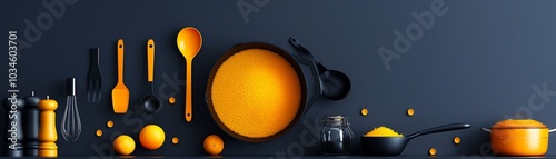 Golden cornbread in a cast-iron pan, homely kitchen, flat design illustration photo