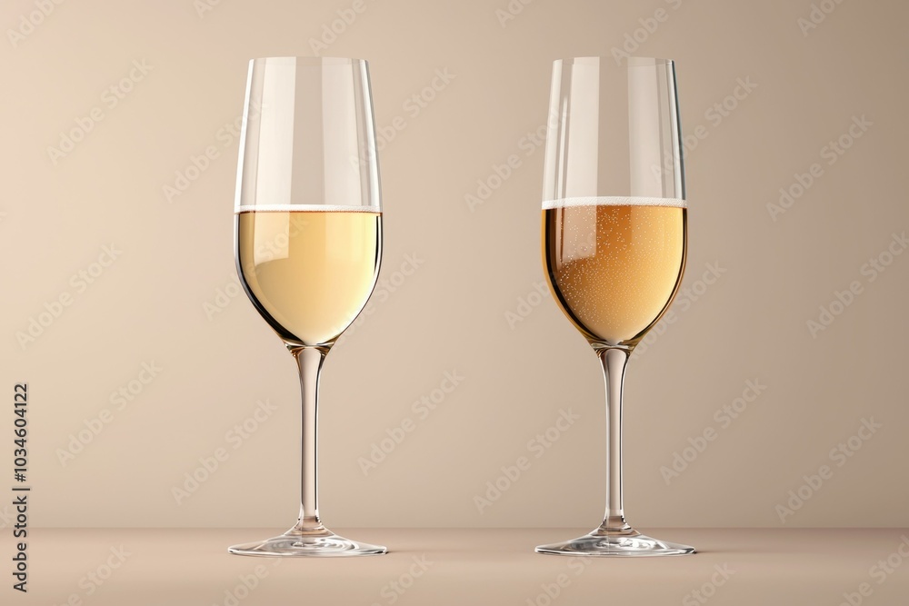 Two wine glasses are shown side by side, one filled with a clear liquid Two wine glasses are shown side by side, one filled with a clear liquid