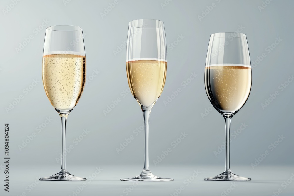Three wine glasses filled with champagne are shown on a table Three wine glasses filled with champagne are shown on a table