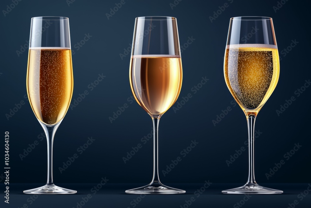 Three glasses of champagne are shown, each with a different level of foam Three glasses of champagne are shown, each with a different level of foam