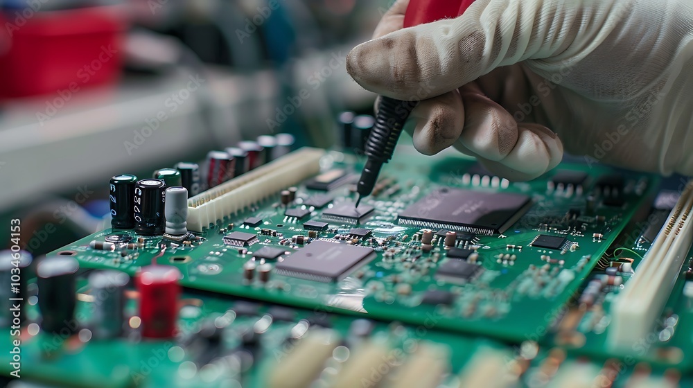 Technician using a soldering iron to attach a microchip to a printed circuit board with components neatly arranged nearby in a well-equipped electronics workshop Technician using a soldering iron to attach a microchip to a printed circuit board with components neatly arranged nearby in a well-equipped electronics workshop