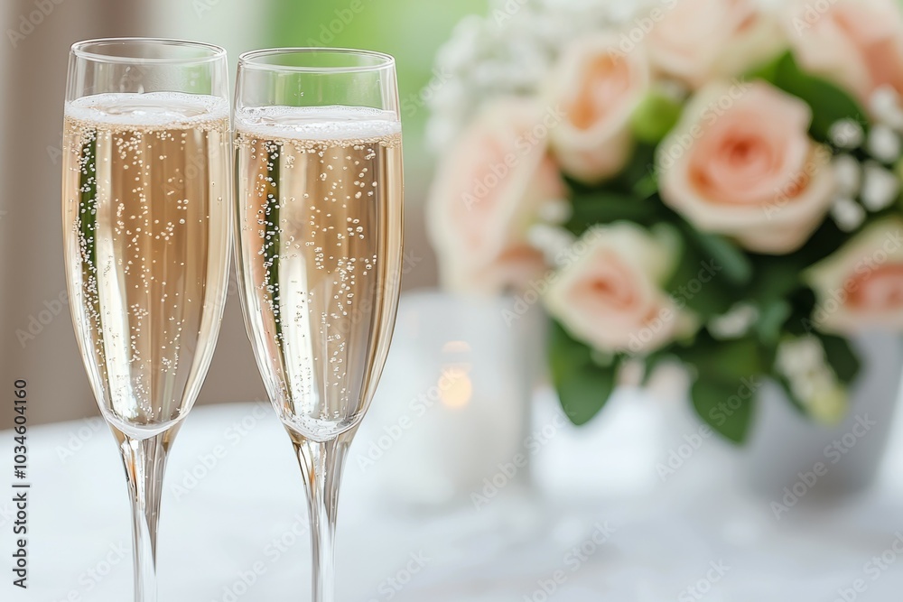 Two champagne flutes with a bouquet of pink roses in the background Two champagne flutes with a bouquet of pink roses in the background
