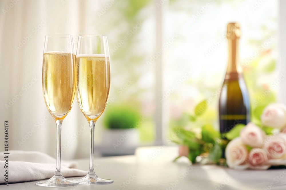 Two champagne glasses on a table with a bottle of champagne next to them Two champagne glasses on a table with a bottle of champagne next to them