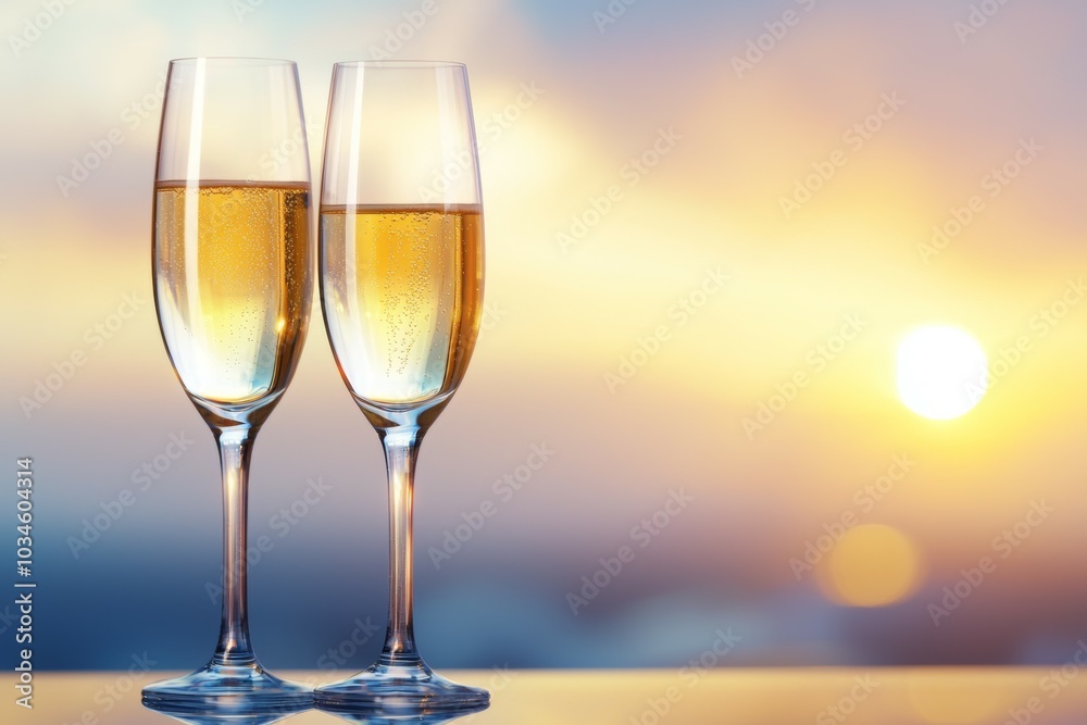 Two champagne glasses are filled with champagne and are placed on a table