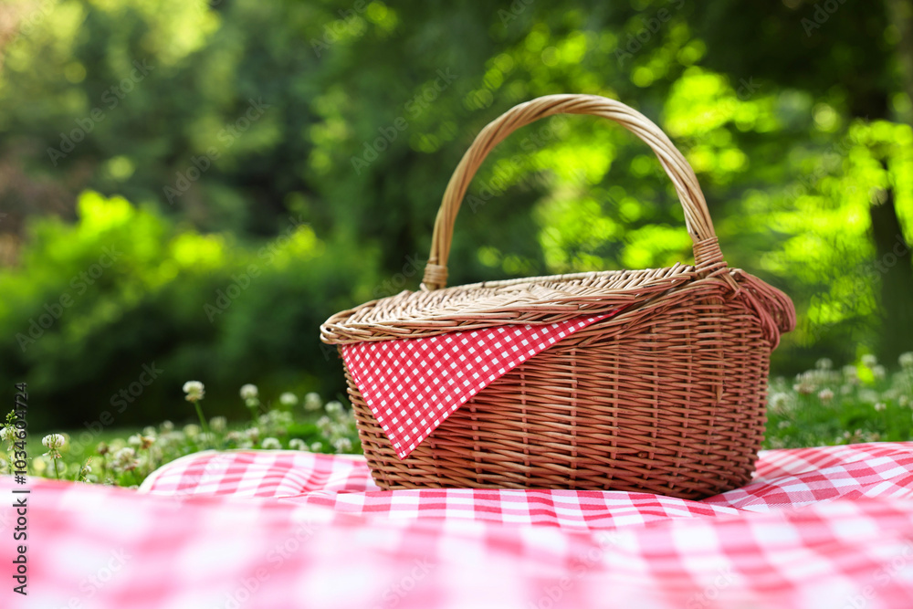 One picnic wicker basket with checkered napkin and blanket on green grass. Space for text