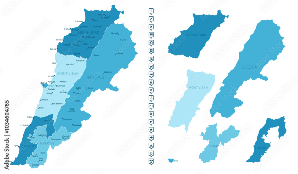 Obraz premium Lebanon - detailed map of the country in blue colors, divided into regions. Infographic icons. Vector illustration.