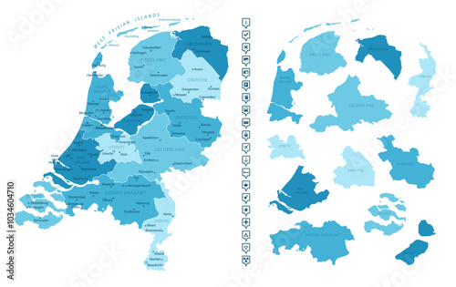 Netherlands - detailed map of the country in blue colors, divided into regions. Infographic icons. Vector illustration.