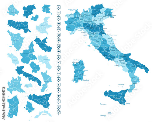 Italy - detailed map of the country in blue colors, divided into regions. Infographic icons. Vector illustration.