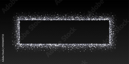 Silver glitter frame, shimmering border in rectangular shape, festive holiday sparkles. Christmas decoration. Vector illustration.