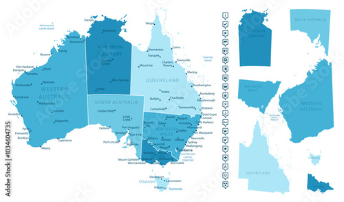 Australia - detailed map of the country in blue colors, divided into regions. Infographic icons. Vector illustration.