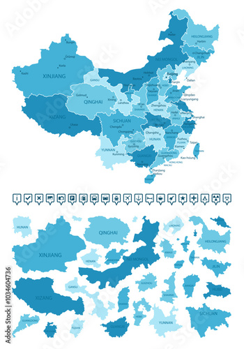 China - detailed map of the country in blue colors, divided into regions. Infographic icons. Vector illustration.