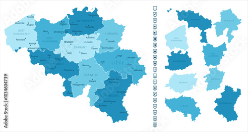 Belgium - detailed map of the country in blue colors, divided into regions. Infographic icons. Vector illustration.