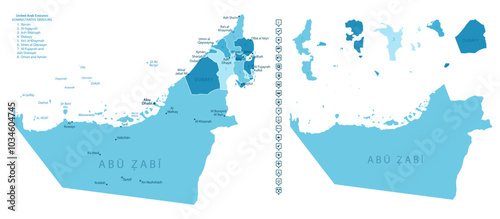 United Arab Emirates - detailed map of the country in blue colors, divided into regions. Infographic icons. Vector illustration.