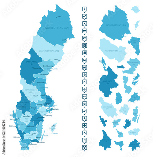 Sweden - detailed map of the country in blue colors, divided into regions. Infographic icons. Vector illustration.