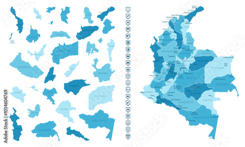 Colombia - detailed map of the country in blue colors, divided into regions. Infographic icons. Vector illustration.