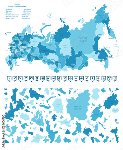 Russia  - detailed map of the country in blue colors, divided into regions. Infographic icons. Vector illustration.