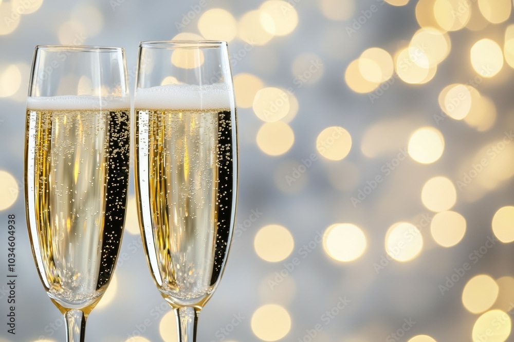 Two champagne flutes filled with bubbly champagne Two champagne flutes filled with bubbly champagne