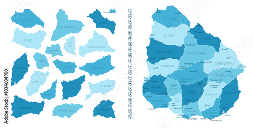Uruguay - detailed map of the country in blue colors, divided into regions. Infographic icons. Vector illustration.