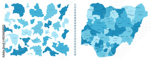 Nigeria - detailed map of the country in blue colors, divided into regions. Infographic icons. Vector illustration.