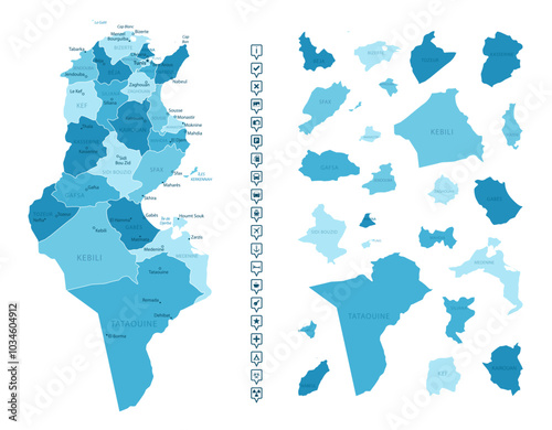Tunisia - detailed map of the country in blue colors, divided into regions. Infographic icons. Vector illustration.