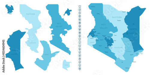 Kenya - detailed map of the country in blue colors, divided into regions. Infographic icons. Vector illustration.