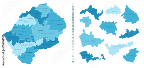 Lesotho - detailed map of the country in blue colors, divided into regions. Infographic icons. Vector illustration. photo