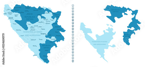 Bosnia and Herzegovina - detailed map of the country in blue colors, divided into regions. Infographic icons. Vector illustration.