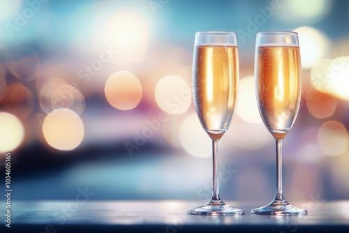 Two champagne glasses are on a table with a blurry background